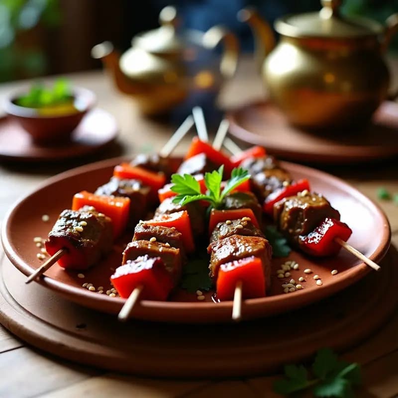 Brochetas morunas de cordero y ciruelas pasas asadas en barbacoa, con trozos dorados de cebolla y pimiento, espolvoreadas con semillas de sésamo y cilantro fresco, servidas en plato de barro rústico.