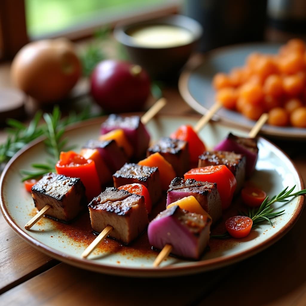 Brochetas de cordero doradas en grill con trozos de cebolla morada, pimiento rojo y ciruelas pasas caramelizadas, espolvoreadas con romero fresco y pimentón de la Vera, servidas en plato de barro rústico.
