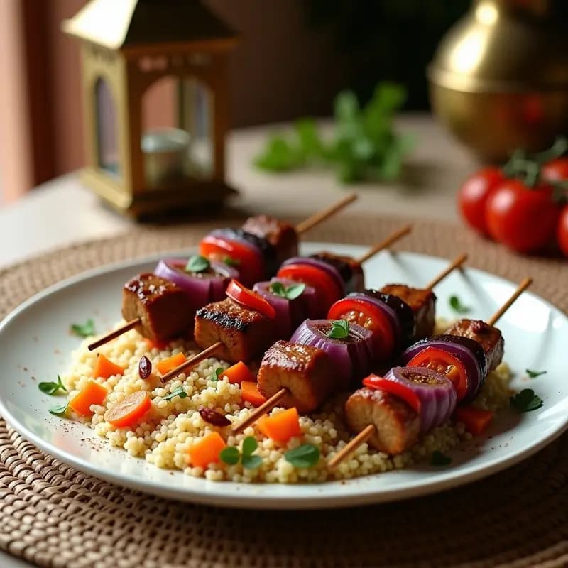 Brochetas de cordero doradas con especias marroquíes, pimiento rojo y cebolla morada, servidas sobre couscous esponjoso con zanahorias, almendras tostadas y perejil fresco. Plato tradicional del Norte de África con colores vibrantes.