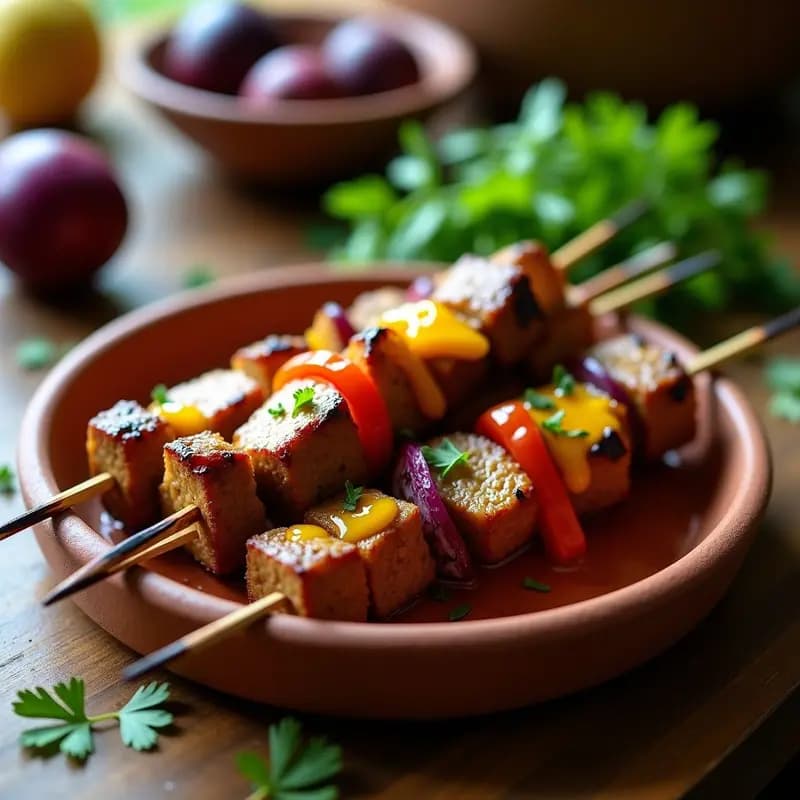 Brochetas de cordero doradas a la parrilla con trozos de cebolla morada y pimiento rojo, bañadas en marinada de granadilla y cúrcuma, servidas en plato rústico de barro con hierbas frescas.