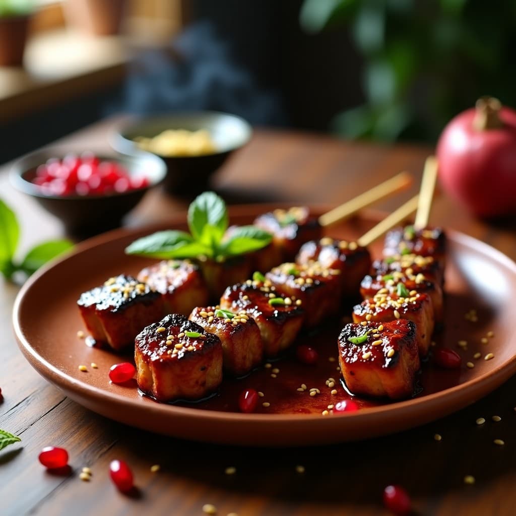 Brochetas de cordero doradas y jugosas en grill, bañadas en marinada de granadina y azafrán, decoradas con semillas de sésamo y hojas de menta fresca sobre un plato de barro marroquí.