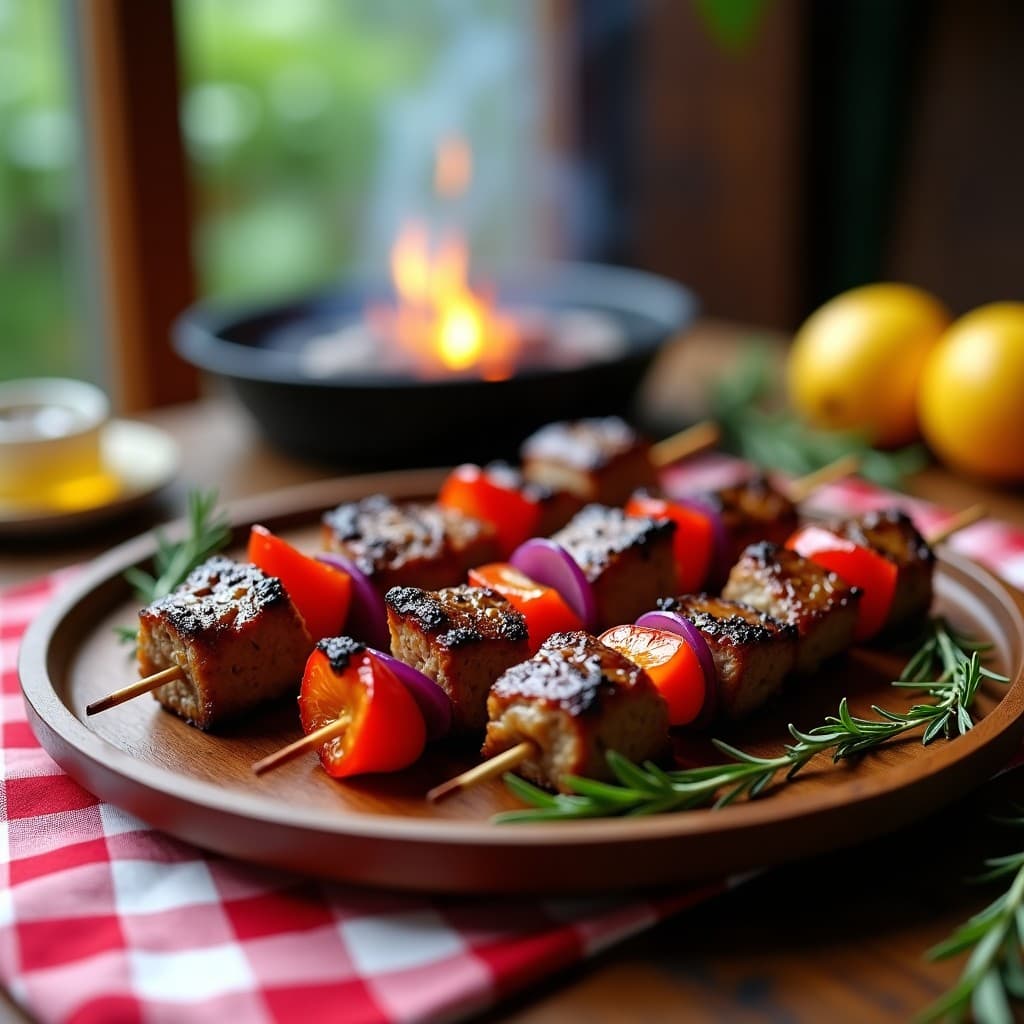 Brochetas de cordero doradas en grill con trozos de cebolla morada y pimiento rojo, marinadas en hierbas provenzales y miel de tomillo, servidas en plato rústico de madera con hierbas frescas de decoración.