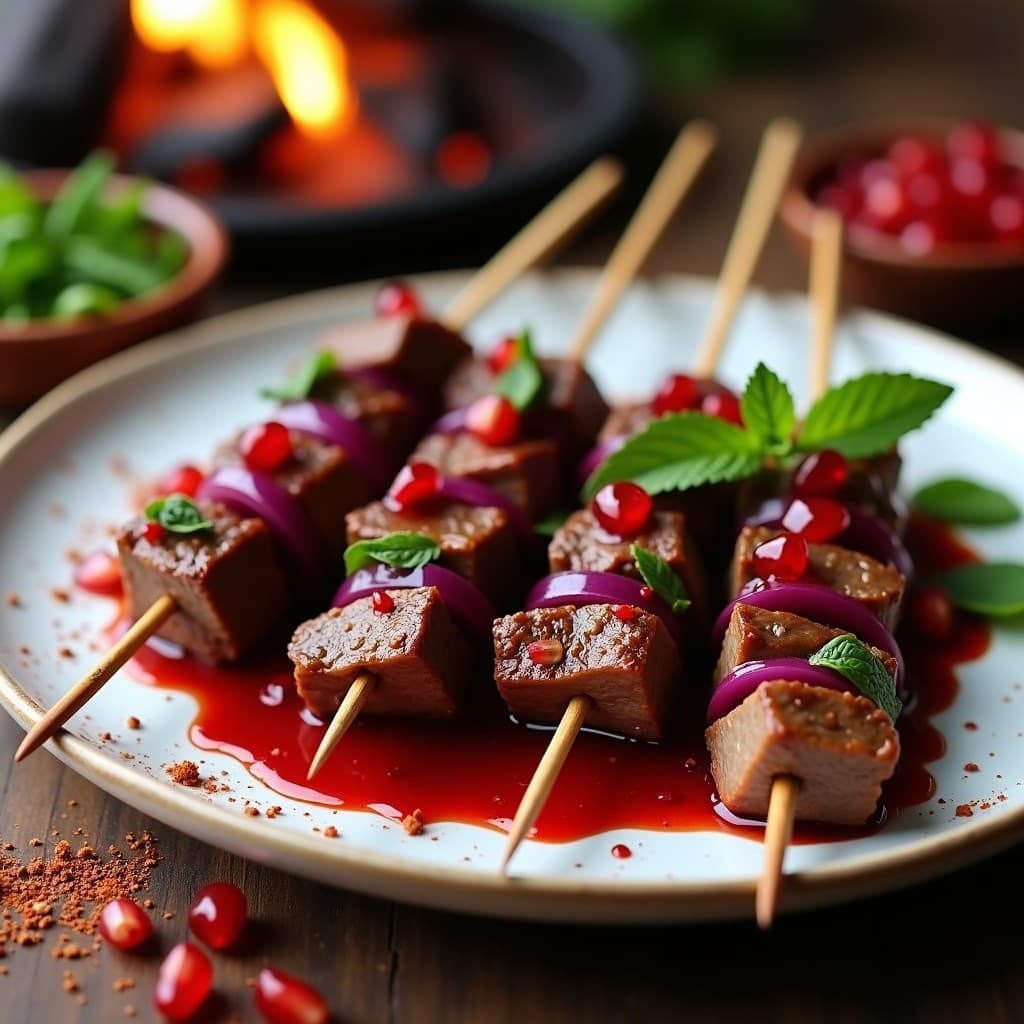 Brochetas de cordero doradas al grill con trozos de cebolla morada, servidas sobre hojas de menta fresca y acompañadas de salsa de granado brillante con semillas rojas. Plato tradicional marroquí para fiestas.