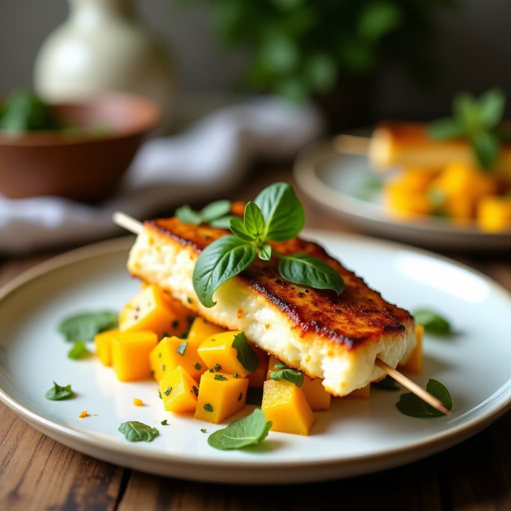 Brochetas doradas de corvina marinada en leche de coco y cúrcuma, servidas sobre una cama de ensalada fresca de mango, cebolla morada y cilantro, con un fondo de hojas de limoncillo. Plato tailandés en airfryer, vibrante y colorido.