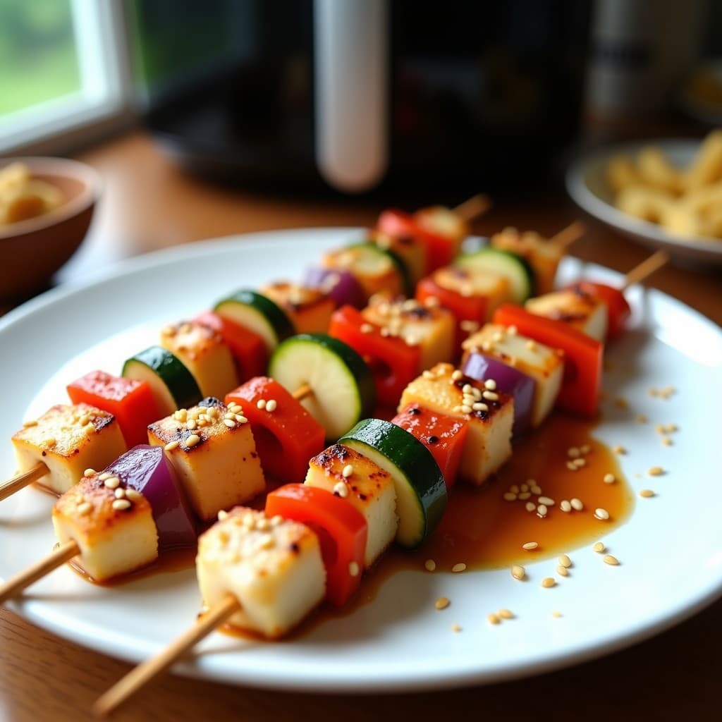 Brochetas de corvina al vapor con trozos de calabacín, pimiento rojo y cebolla morada, glaseadas con salsa teriyaki y espolvoreadas con semillas de sésamo, servidas en un plato blanco con fondo de airfryer.