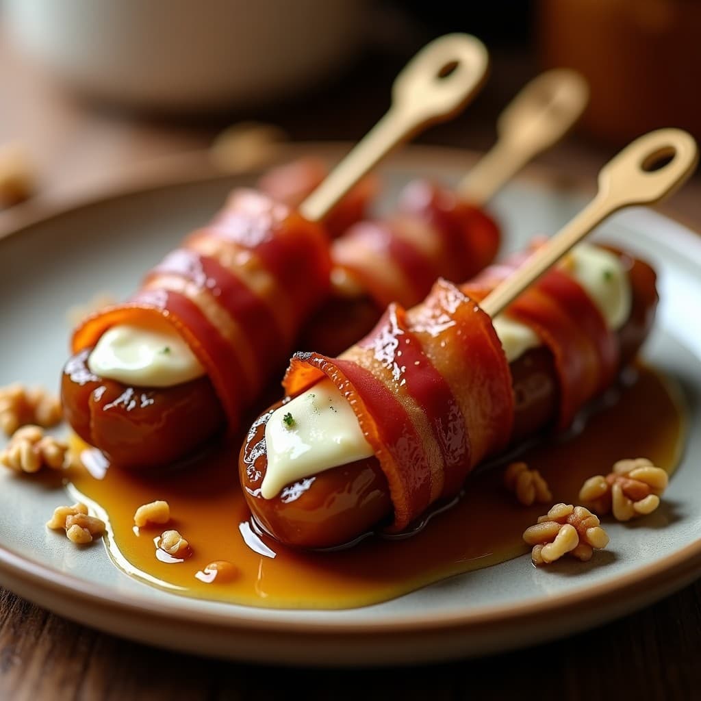 Brochetas de dátiles Medjool dorados rellenos de queso azul cremoso y envueltos en bacon crujiente, con un brillo de glaseado de miel y balsámico, servidas en una tabla de madera rústica con nueces picadas espolvoreadas. Receta dulce-salada en airfryer.
