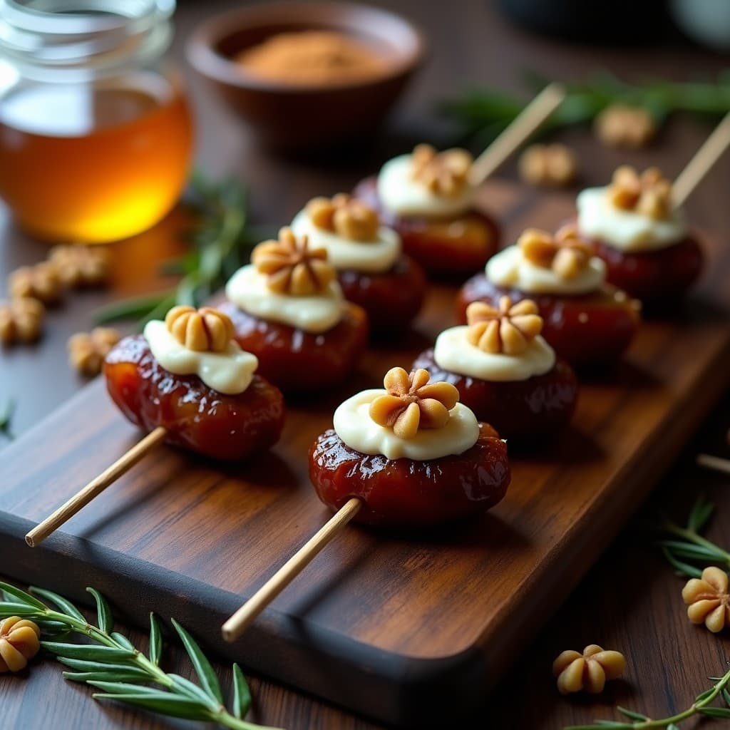 Brochetas de dátiles Medjool rellenos de queso de cabra cremoso y coronados con nueces tostadas, dispuestas en círculo sobre una tabla de madera oscura. Al fondo, un tarro de miel de romero y un espolvoreado de canela en polvo. Postre dulce-salado elegante y listo en 10 minutos.
