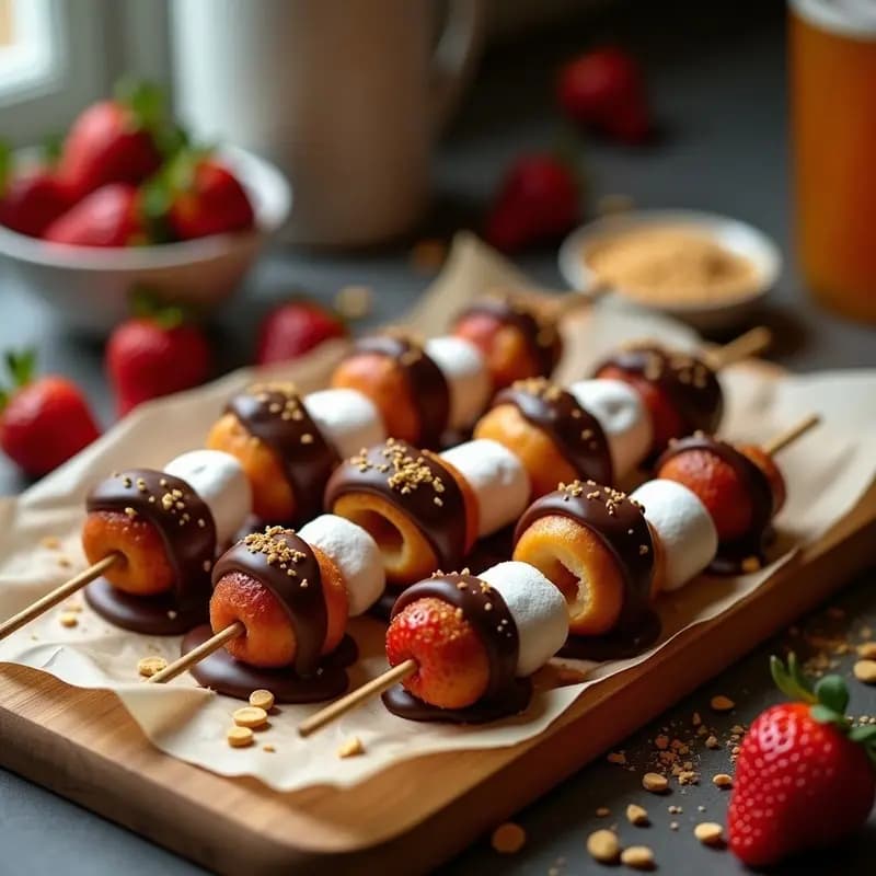 Brochetas de donuts glaseados, fresas rojas y marshmallows blancos bañadas en chocolate negro brillante, dispuestas sobre papel de horno con virutas de cacahuete espolvoreadas. Postre a la parrilla o airfryer con texturas crujientes y derretidas.