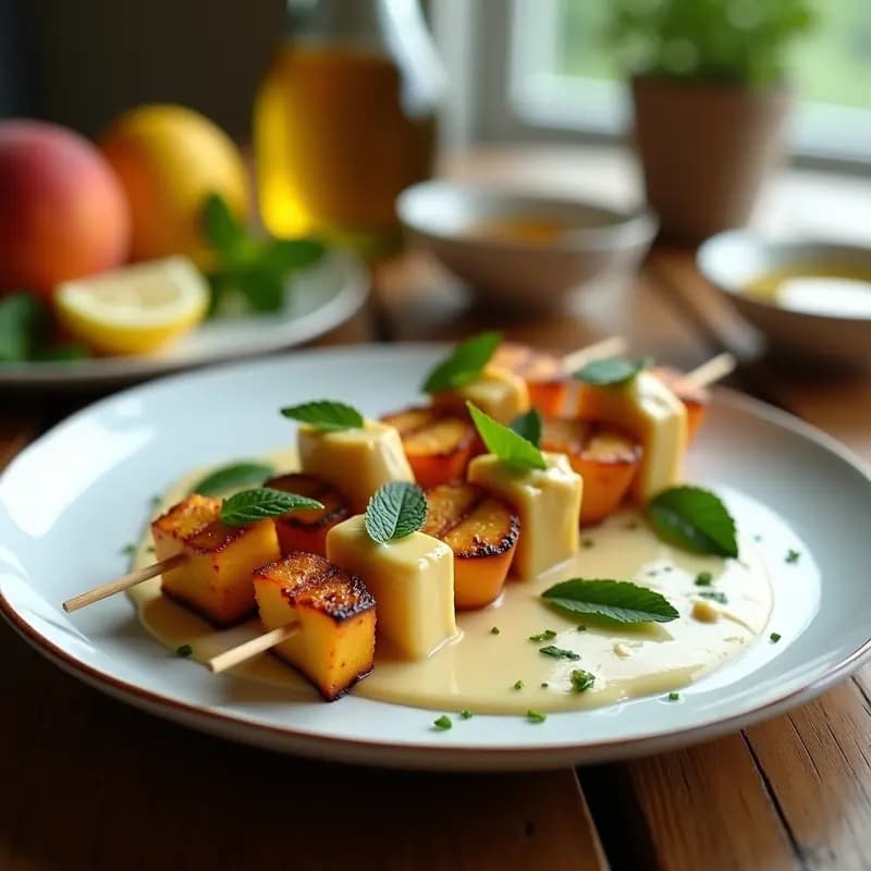 Brochetas de durazno y halloumi doradas en grill, con trozos de durazno caramelizado y queso halloumi crujiente, servidas sobre plato de cerámica blanca con salsa de menta cremosa y hojas frescas de menta como decoración. Aperitivo griego en grill con alto contraste de colores y texturas.