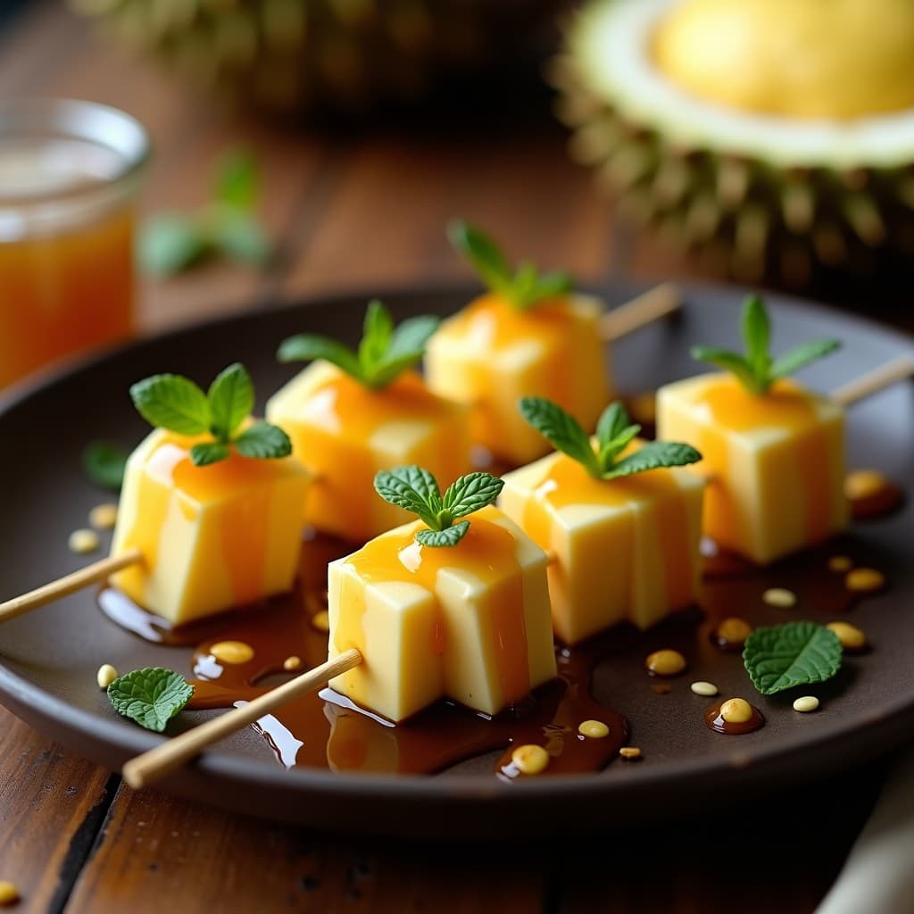 Brochetas de durian y queso brie doradas a la plancha, con salsa de miel y sésamo brillante, decoradas con hojas de menta fresca sobre un plato de madera oscura. Aperitivo asiático gourmet con texturas cremosas y exóticas.
