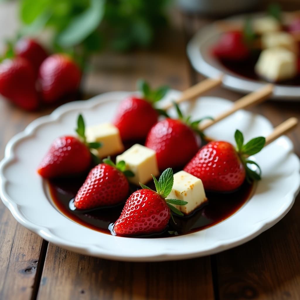 Brochetas de fresas enteras y cubos de queso brie en palillos de madera, bañadas con sirope de balsámico brillante y decoradas con hojas de menta sobre una fuente blanca. Postre dulce-salado elegante y rápido.