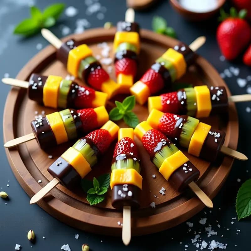Brochetas elegantes de fresa, mango, kiwi y plátano bañadas en chocolate negro 85% con flor de sal y pistachos picados, servidas en bandeja de madera con hojas de menta.