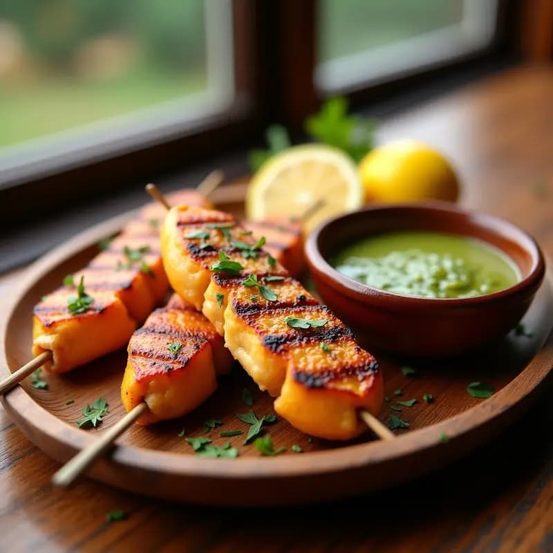 Brochetas de gamas doradas en grill con mojo verde canario, servidas en plato de madera rústico con rodajas de limón y perejil fresco.