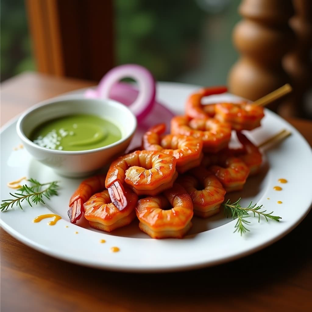 Brochetas de gambas rosadas y jugosas glaseadas con ají panca, servidas sobre un plato blanco con salsa verde de huacatay y cebolla morada en juliana. Receta peruana en airfryer con toque ahumado y fresco.