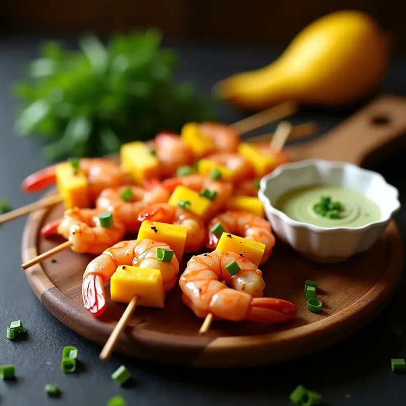 Brochetas de gambas rosadas y cubos dorados de mango en palillos de madera, dispuestas en bandeja de madera con salsa de wasabi cremosa en recipiente aparte y cebollino picado. Aperitivo asiático fresco y colorido.