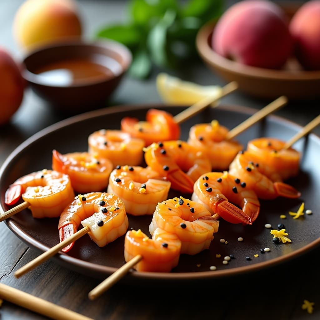 Brochetas de gambas rosadas y melocotón caramelizado en palillos de bambú, glaseadas con miel y wasabi, espolvoreadas con semillas de sésamo negro y zest de limón, servidas sobre un plato de madera oscuro con fondo desenfocado.