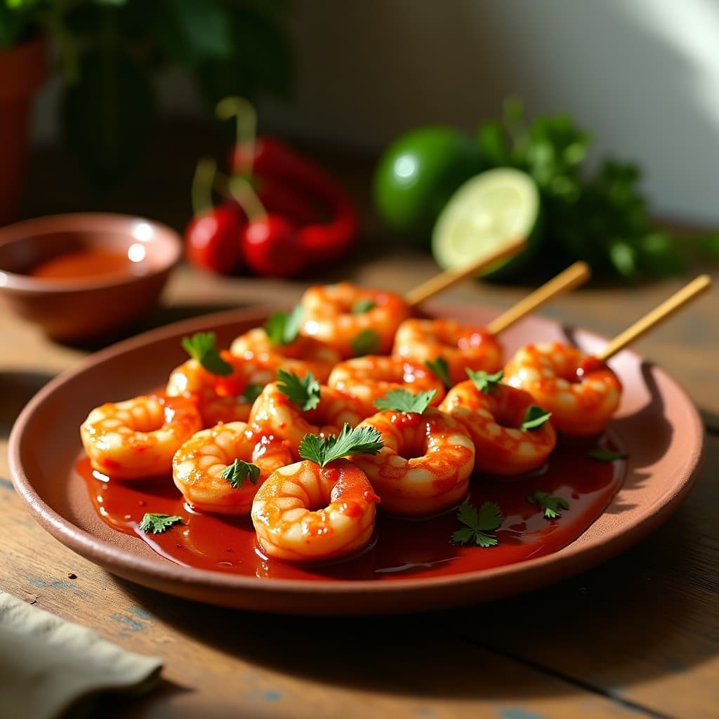 Brochetas de gambas doradas en palillos de madera sobre un plato rústico de barro, bañadas en un mojo espeso de color rojo oscuro con trozos de cilantro verde. Al fondo, pimientos chuños secos y una rodaja de lima. Receta canaria en airfryer.