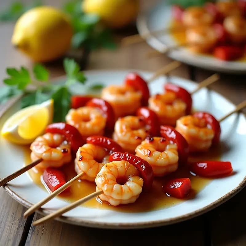 Brochetas de gambas rosadas y trozos de pimiento del piquillo dorados, glaseados con miel y soja, dispuestas en un plato blanco rústico con rodajas de limón y perejil fresco. Receta española en airfryer.