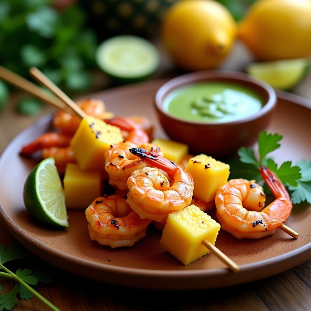 Brochetas de gamberones y piña asada con marcas de parrilla, servidas en plato de madera rústico con salsa verde de cilantro y limón al lado. Receta caribeña fresca y colorida.