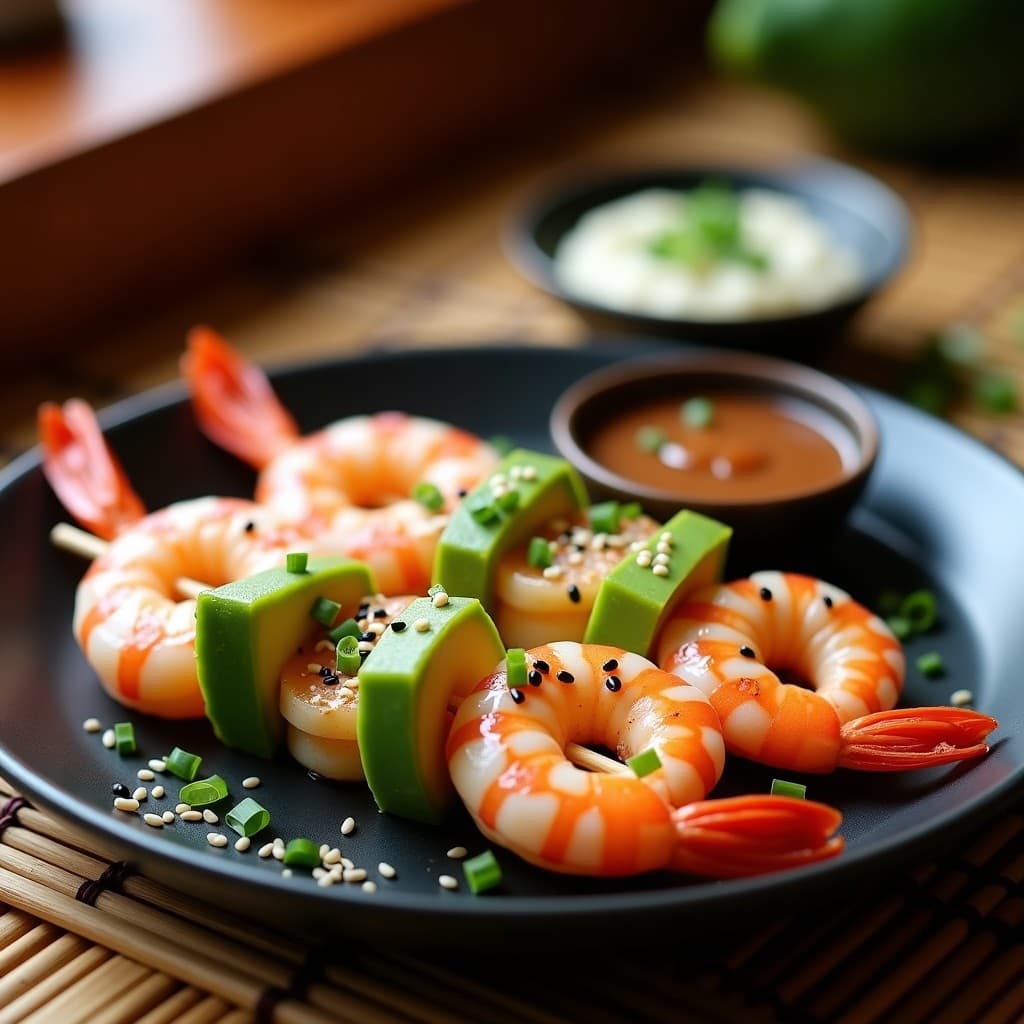 Brochetas doradas de gambero rojo y aguacate en palillos de bambú, bañadas en salsa de miso blanco brillante, con semillas de sésamo negro y blanco espolvoreadas. Servidas sobre un plato de cerámica oscura con cebollino fresco y un toque de pimienta de Sichuán. Receta japonesa en airfryer de alta proteína.