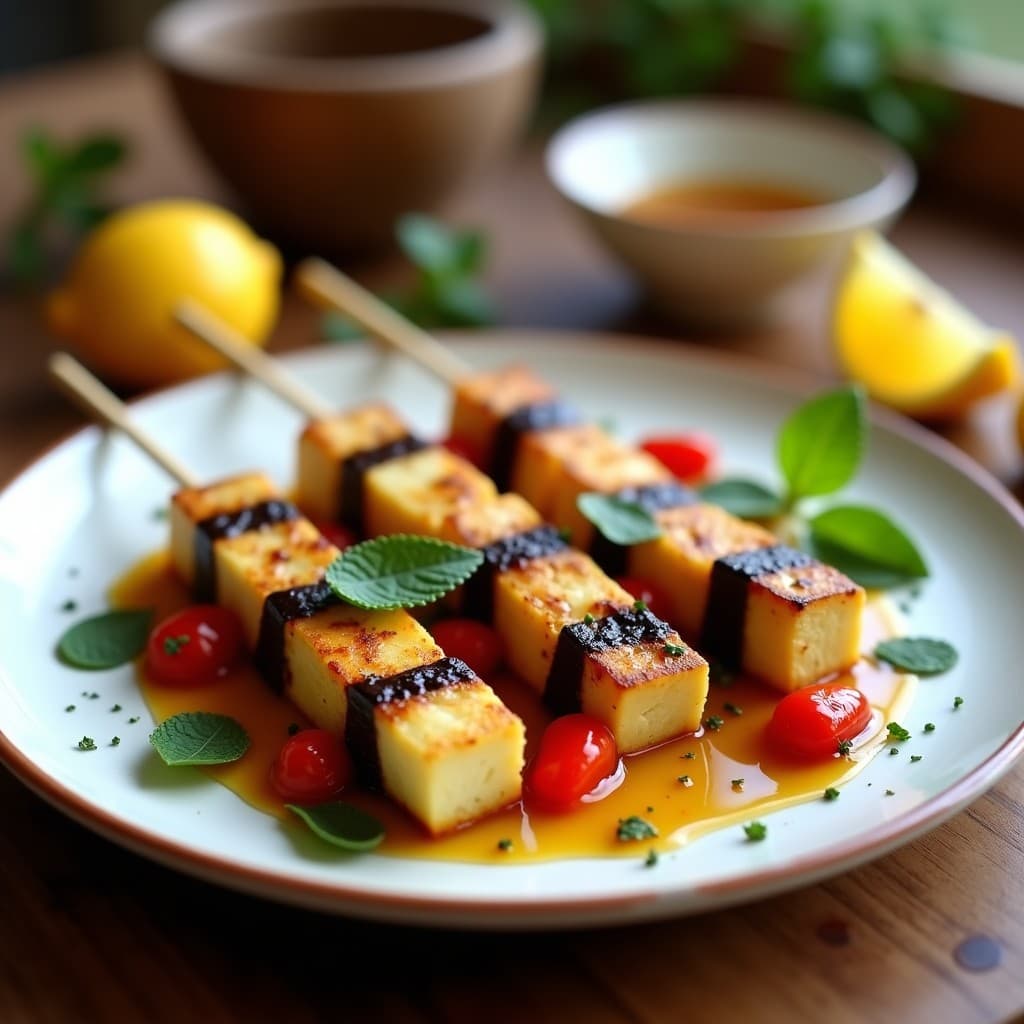 Brochetas de Halloumi, Berenjena y Pimiento Rojo con Vinagreta de Miel y Limón: Aperitivo Chipriota en 15 Minutos