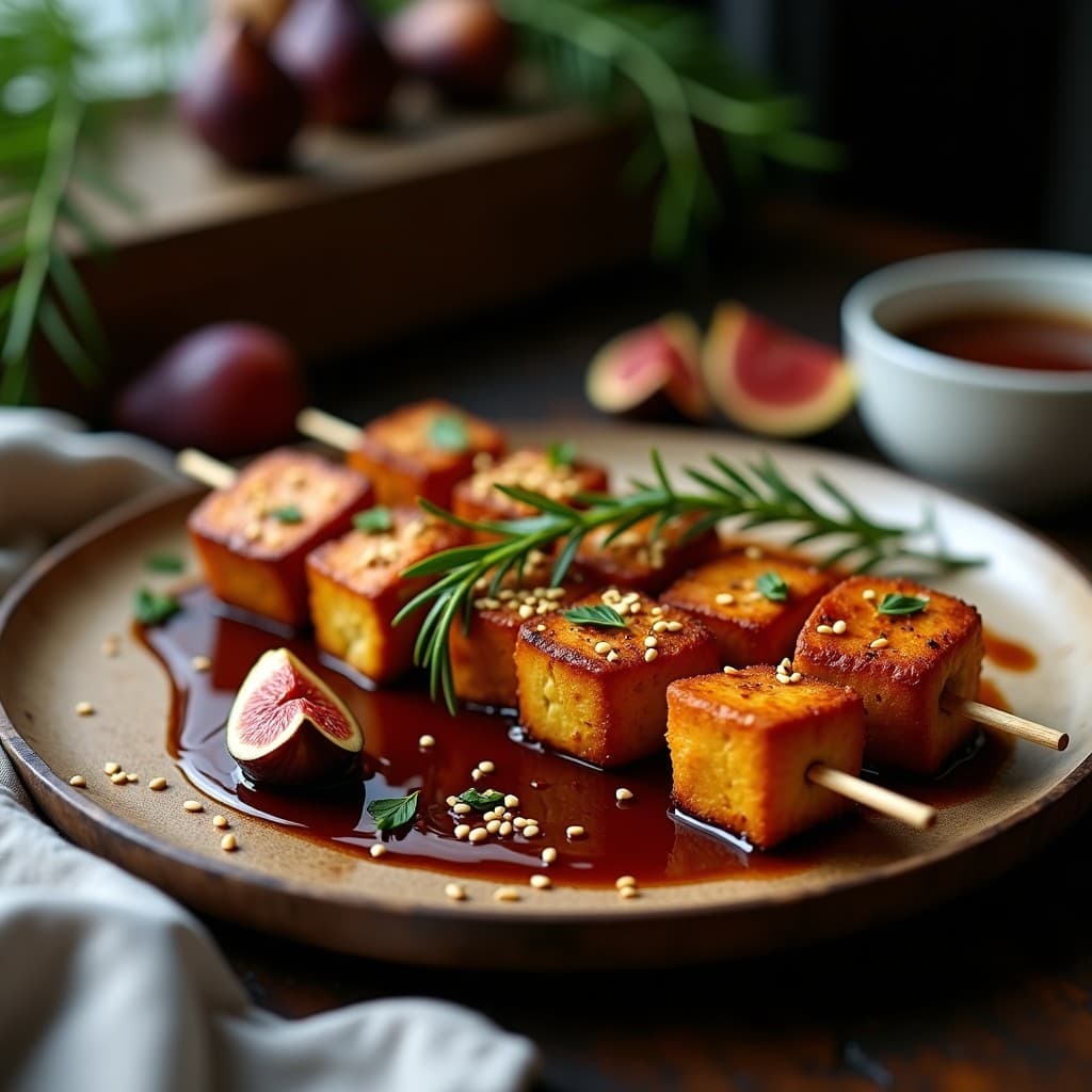 Brochetas de queso halloumi dorado y higos frescos asados en airfryer, bañadas en glaseado de vinagre balsámico brillante, decoradas con semillas de sésamo y hojas de romero sobre un plato de madera rústica con fondo oscuro.