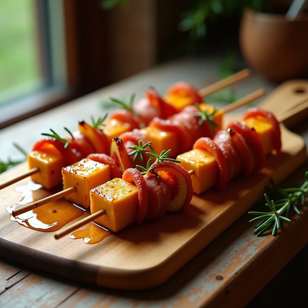 Brochetas doradas de queso halloumi, higos frescos abiertos y panceta ahumada crujiente, servidas en una tabla de madera rústica con un hilo de miel de romero y romero fresco espolvoreado. Aperitivo dulce-salado en airfryer.