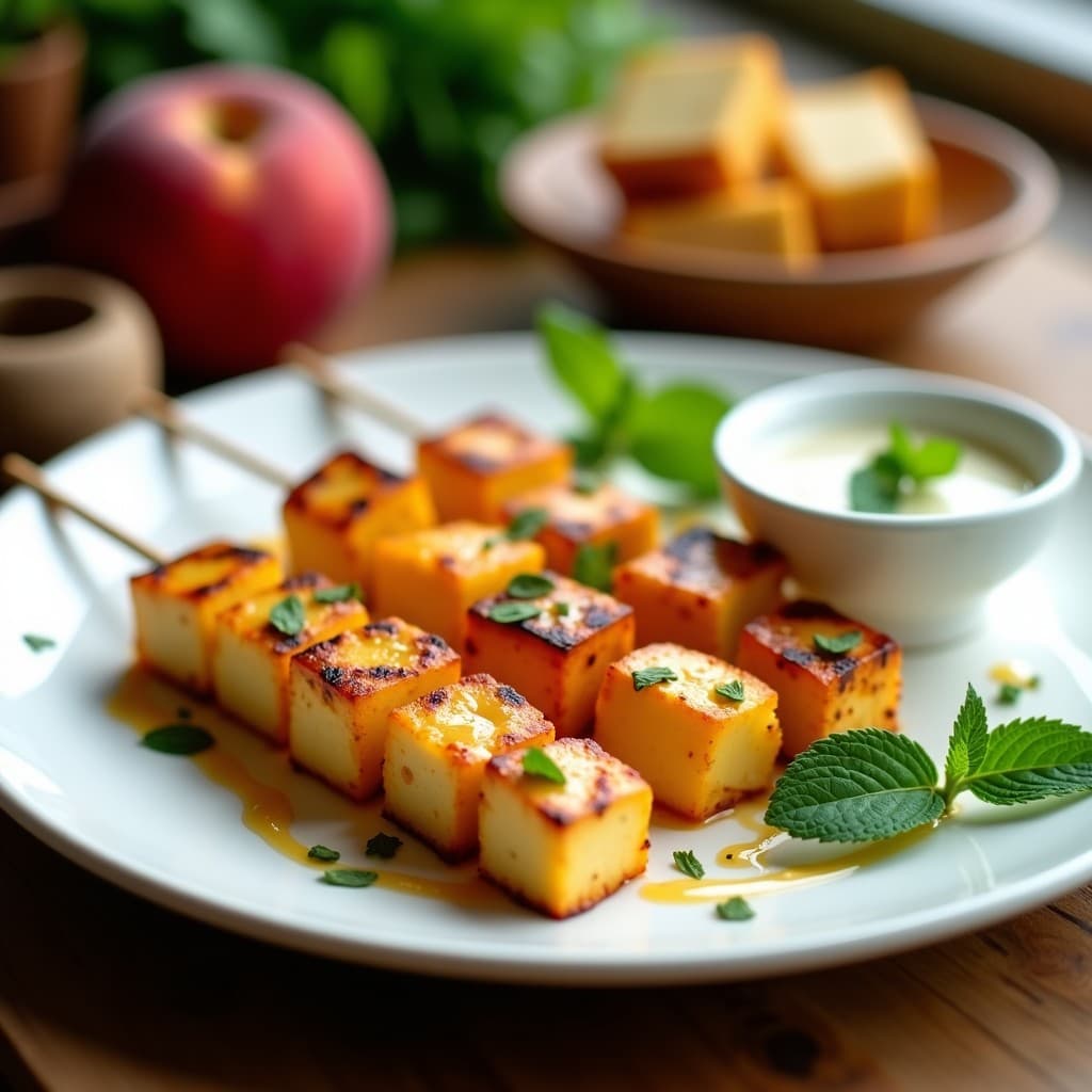 Brochetas doradas de queso halloumi y trozos de melocotón a la plancha, servidas en plato blanco con salsa de menta cremosa y hojas frescas, receta chipre vegetariana rápida.