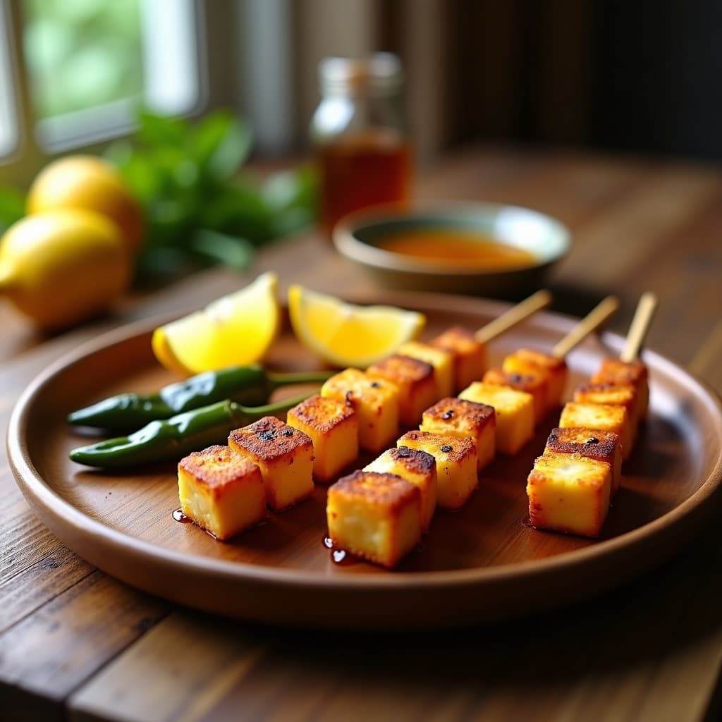 Brochetas doradas de queso halloumi y pimientos de padrón en airfryer, con textura crujiente y glaseado de miel, servidas en plato de madera rústico.