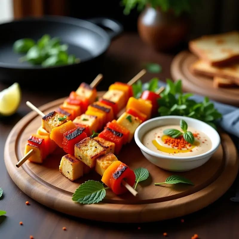 Brochetas doradas de halloumi y pimientos asados rojos y amarillos en palillos de madera, servidas sobre una tabla de madera rústica con un bol de salsa de tahini cremosa espolvoreada con perejil. Receta griega vegana en 15 minutos.