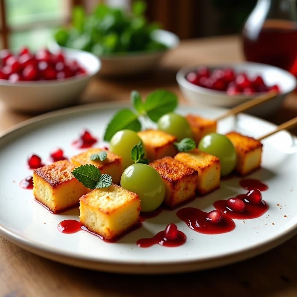 Brochetas doradas de queso halloumi y uvas verdes en palillos de madera, bañadas con reducción de granadina brillante, decoradas con semillas de granada y hojas de menta fresca sobre un plato blanco rústico.