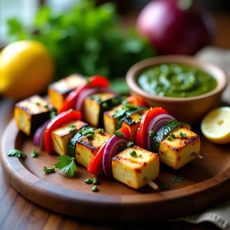Brochetas doradas de queso Halloumi y vegetales a la parrilla, con rodajas de calabacín, pimiento rojo y cebolla morada, servidas sobre un plato de madera rústico con chimichurri verde fresco y hierbas aromáticas al fondo.