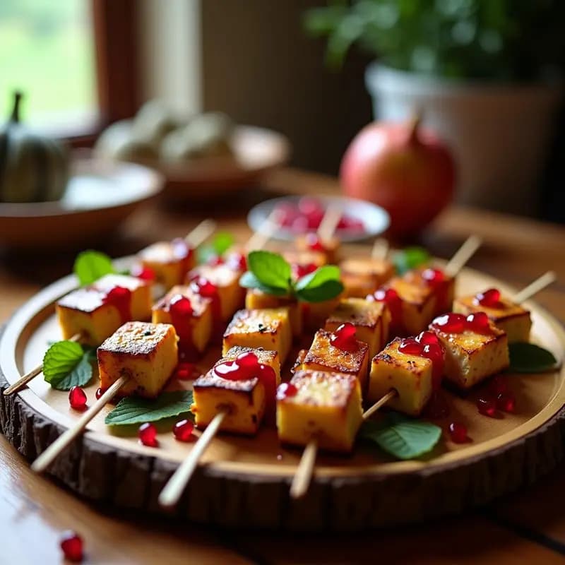 Brochetas de higo fresco asado y queso Halloumi dorado en palillos de madera, bañadas con vinagreta de granada y decoradas con hojas de menta sobre una fuente de madera rústica. Entrante chipriota elegante y colorido.