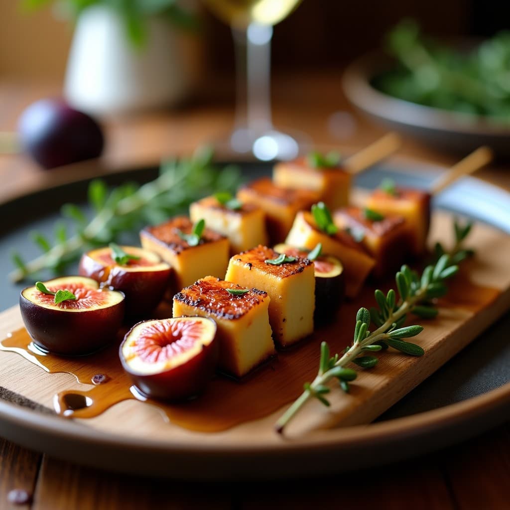 Brochetas de higos frescos y queso de cabra dorado en grill, bañadas en reducción de miel con tomillo y pimienta rosa, servidas en fuente de madera rústica.