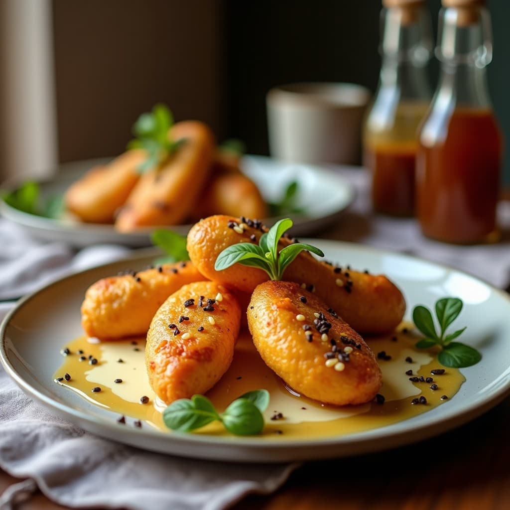 Brochetas doradas de higos frescos cortados en cuartos, queso de oveja curado en cubos y pan de centeno, bañadas en miel de lavanda brillante, decoradas con nueces picadas y romero fresco sobre un plato de pizarra negra con fondo rústico de madera.