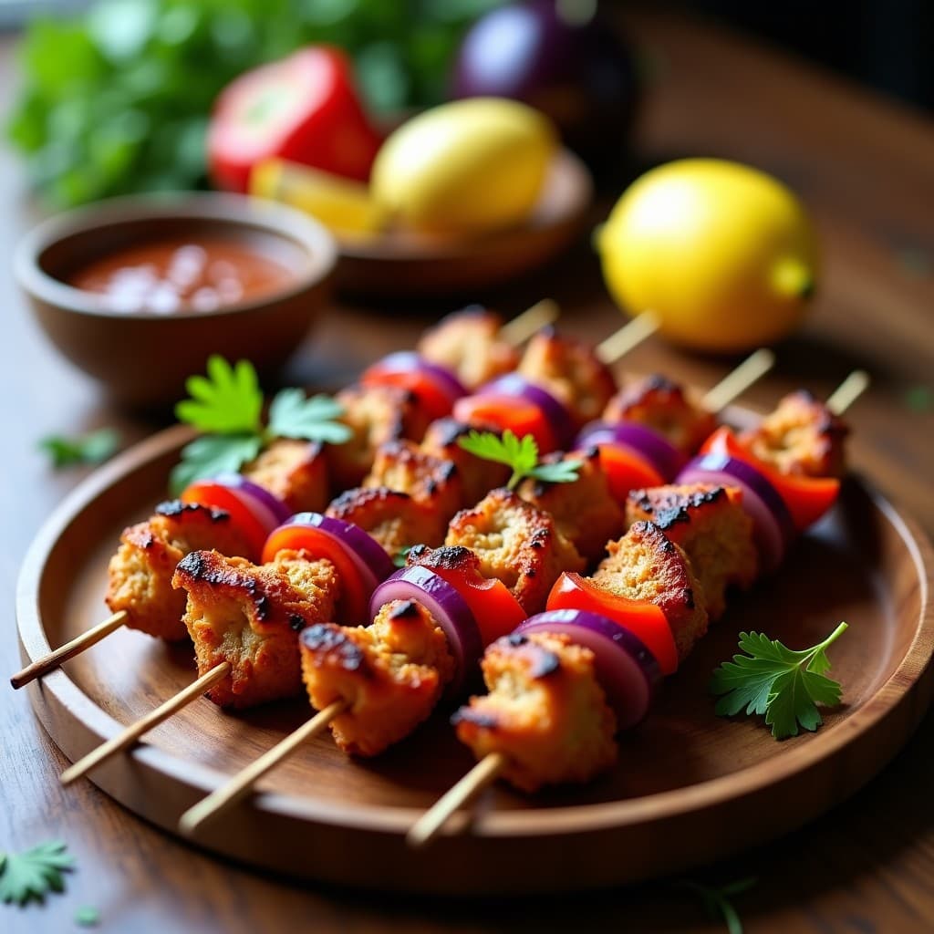 Brochetas doradas de jackfruit ahumado, cebolla morada y pimiento rojo, servidas en un plato de madera con salsa barbacoa de dátiles espesa y brillante, decoradas con rodajas de limón y hierbas frescas. Receta vegana en airfryer con textura crujiente y jugosa.