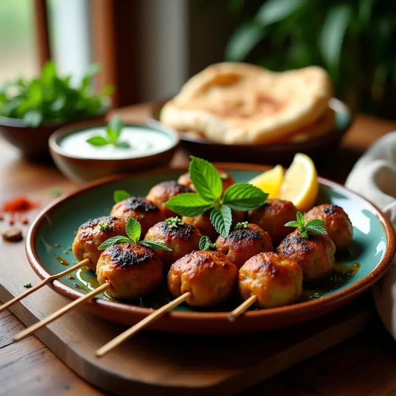 Brochetas de lamb kofta doradas y jugosas en palitos de madera, servidas sobre un plato de barro con salsa de yogur y menta fresca, acompañadas de pan de pita y rodajas de limón. Receta auténtica de Oriente Medio.
