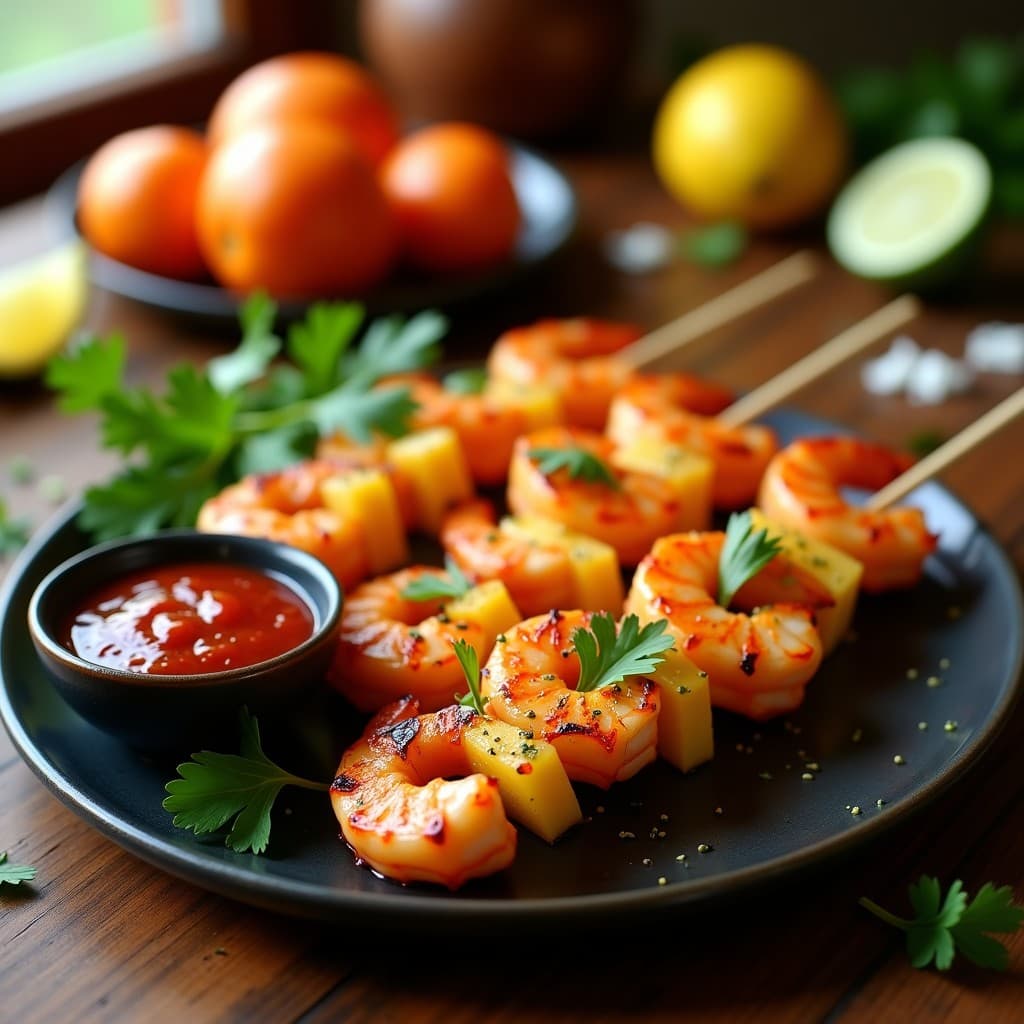 Brochetas doradas de langostino y piña asada en airfryer, dispuestas en un plato de cerámica negra con salsa de tamarillo vibrante al lado. Decoración con cilantro fresco y un toque de miel brillante. Receta peruana de brochetas de langostino y piña con salsa de tamarillo.