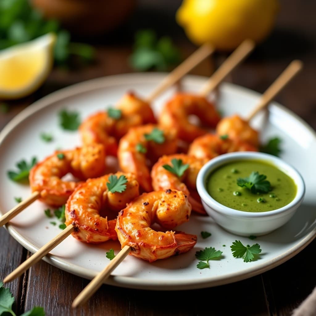 Brochetas de langostinos dorados y crujientes en palillos de madera, servidas sobre un plato blanco rústico con un bol de mojo verde canario al lado. Decoración con hojas de cilantro fresco y rodajas de limón. Receta de brochetas de langostinos al ajillo con mojo verde en Airfryer.