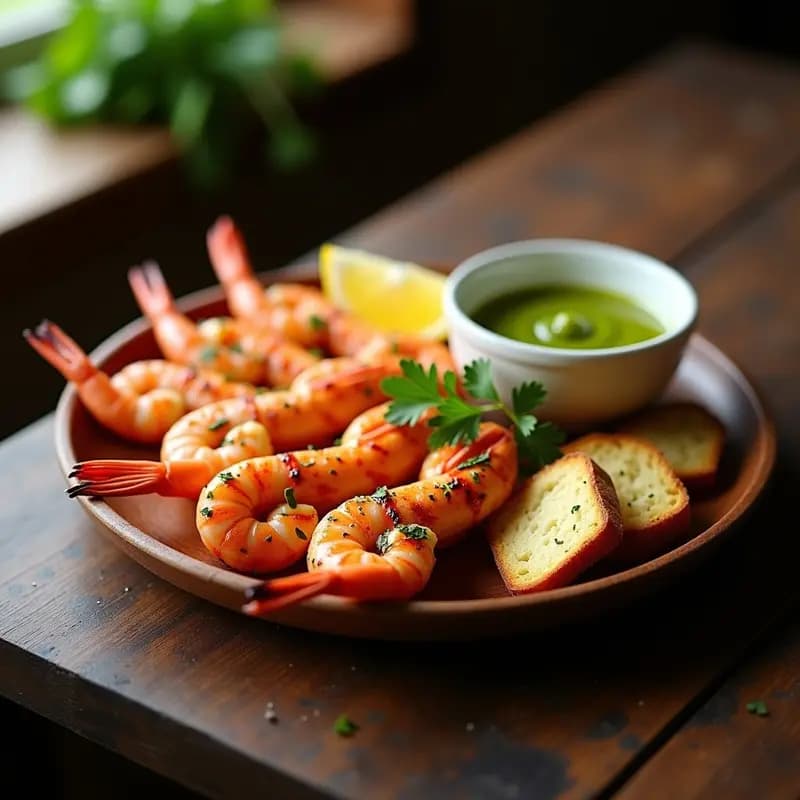 Brochetas de langostinos al ajillo con mojo verde canario dispuestas en un plato de madera, con langostinos rosados, pan tostado y salsa verde fresca al lado, ideal para tupper.