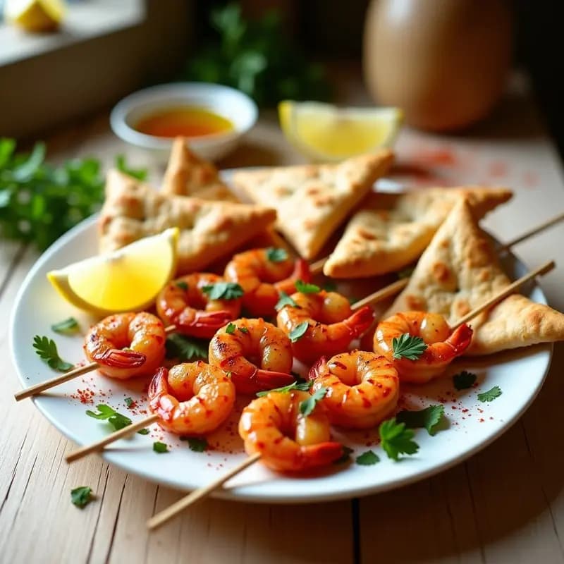 Brochetas de langostinos al ajillo dorados con pan de pita integral tostado y crujiente, servidos en un plato blanco rústico con perejil fresco y rodajas de limón. Receta mediterránea en airfryer.