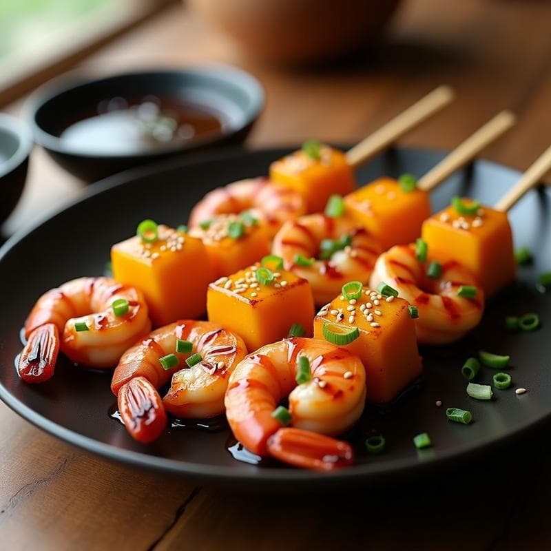 Brochetas de langostinos y mango con glaseado de salsa teriyaki en airfryer, doradas y brillantes, servidas sobre un plato de cerámica negra con semillas de sésamo y cebollino espolvoreado, fondo borroso de cocina japonesa.