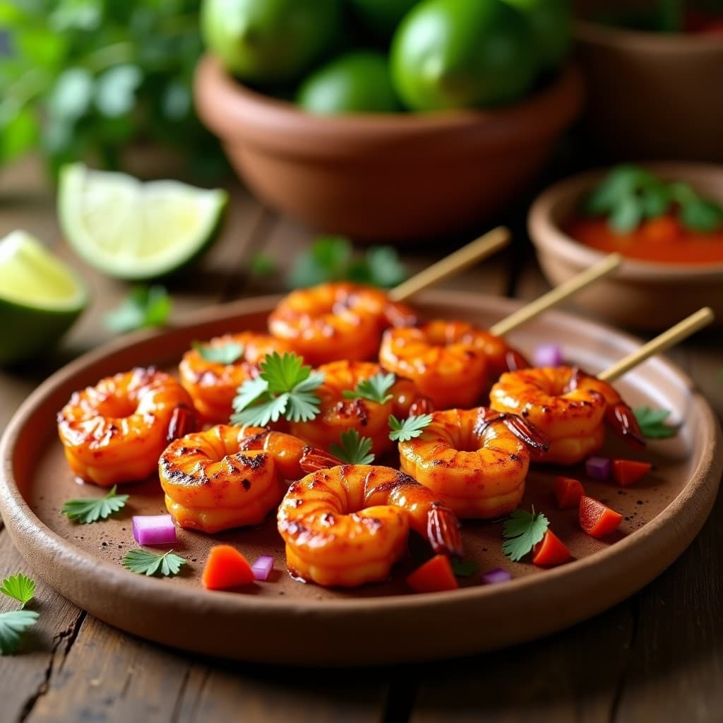 Brochetas de langostinos al mojo de achiote en airfryer, con trozos de cebolla morada y pimiento rojo, decoradas con cilantro fresco, sobre un plato de madera rústica con fondo de hojas de plátano.