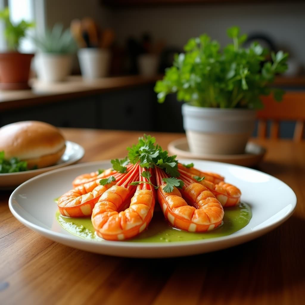 Brochetas de langostinos y piña con mojo de cilantro en airfryer, receta cubana sin gluten. Langostinos rosados y piña caramelizada en palillos, bañados en salsa verde de cilantro, servidos en plato de barro con rodajas de limón.