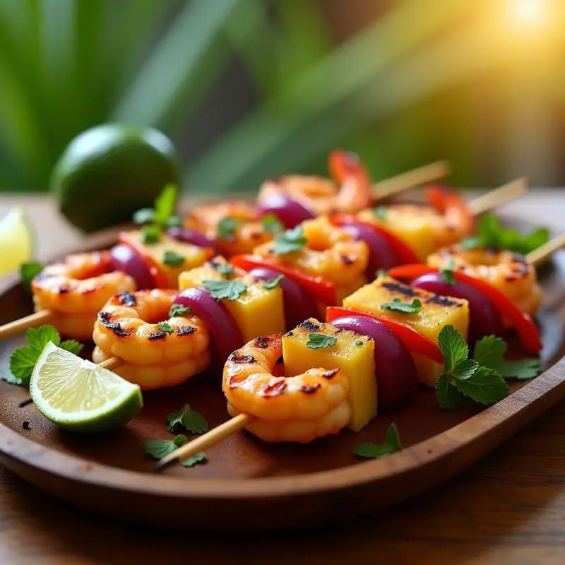 Brochetas doradas de langostinos y piña asada con marcas de grill, decoradas con hierbas frescas y limón verde, sobre un plato de madera rústica con fondo tropical.