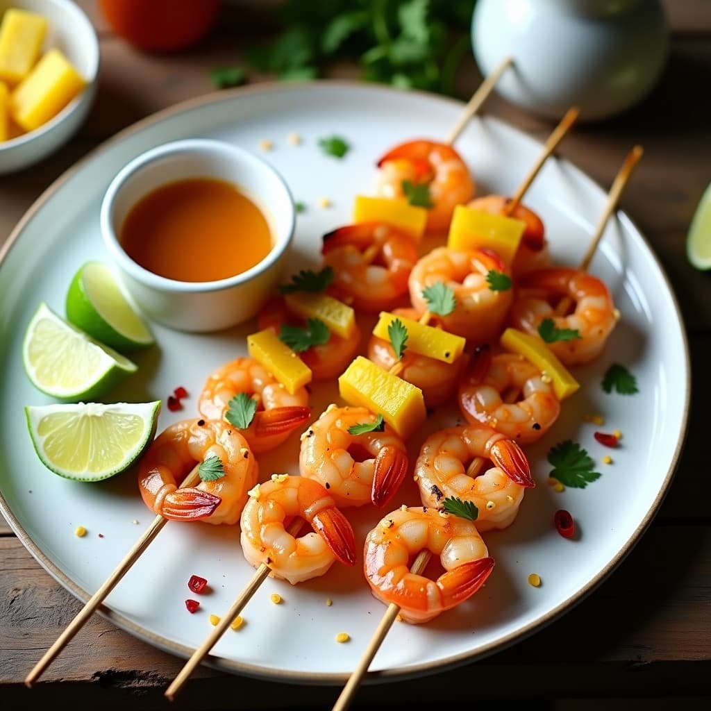 Brochetas de langostinos y piña dorados en palillos de madera, con salsa de miel y lima brillante, servidos sobre un plato blanco con hojas de cilantro fresco y rodajas de lima. Receta tailandesa en airfryer.