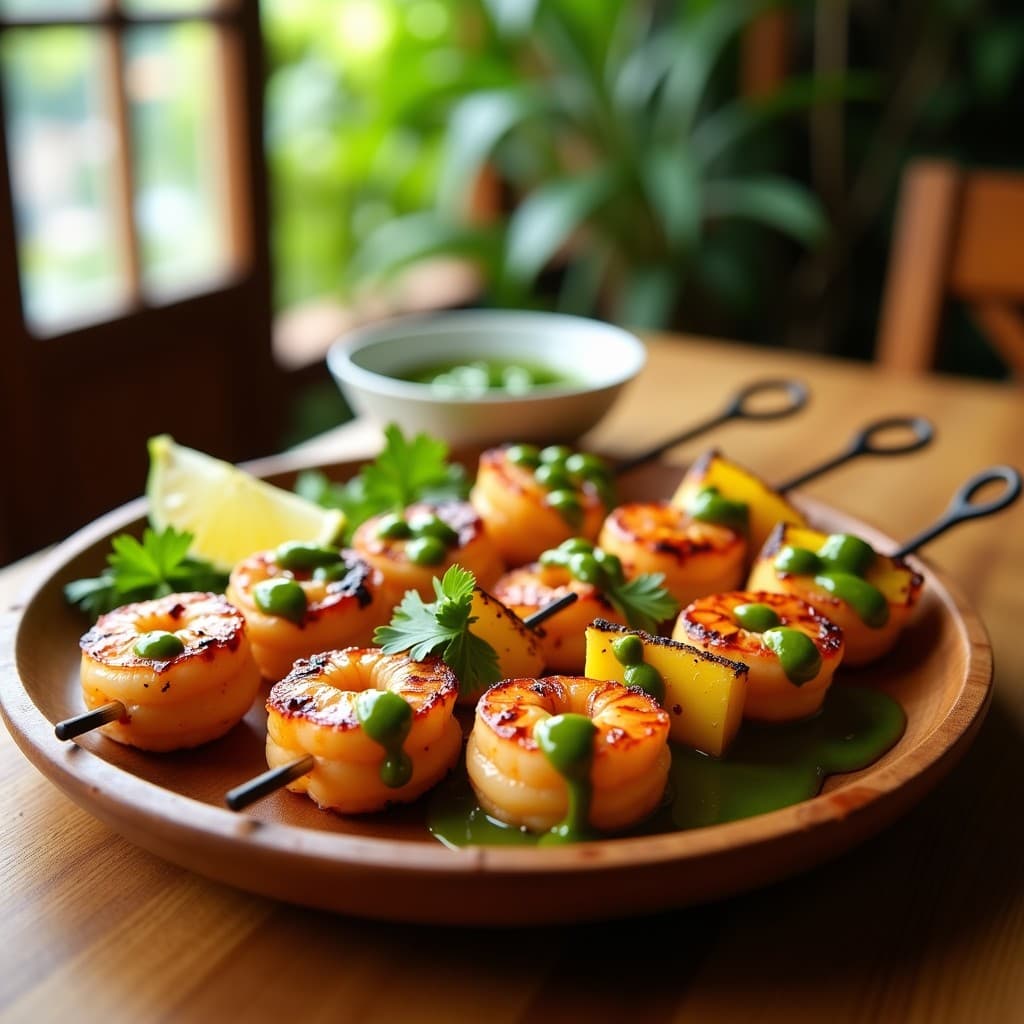 Brochetas de langostinos y piña asadas en grill con marcas de parrilla, servidas en plato de madera rústico con salsa verde de cilantro y lima, decoradas con gajos de lima y hojas de cilantro fresco. Receta caribeña alta en proteína.