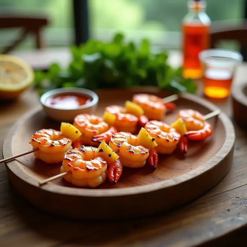 Brochetas de langostinos y piña caramelizada con salsa sriracha en grill, receta tailandesa para fiesta, servidas en bandeja de madera con fondo de hierbas frescas.