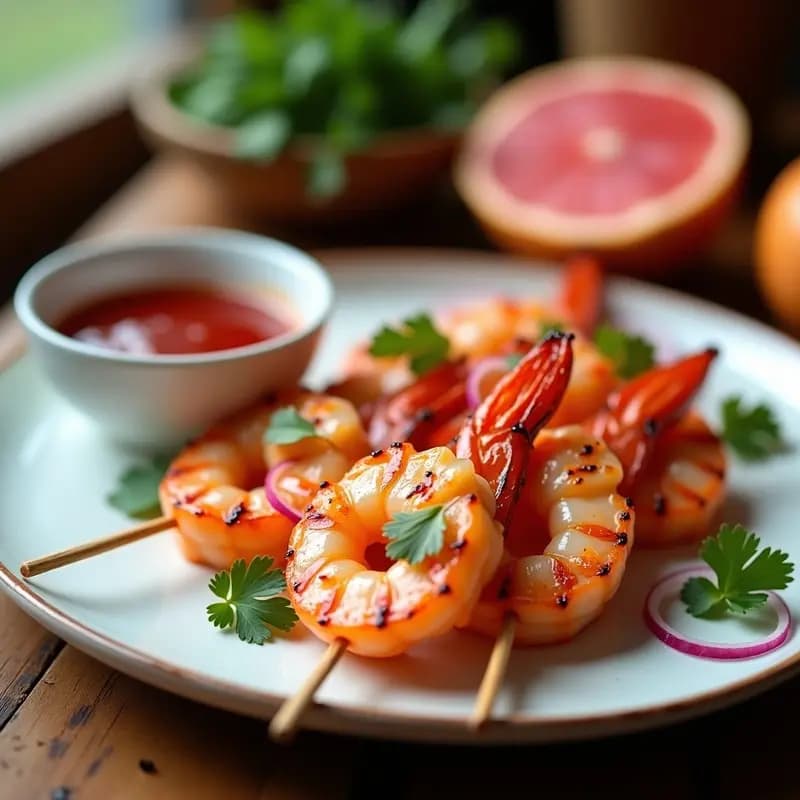 Brochetas de langostinos y pomelo rosa asadas al grill, con marcas doradas, servidas en plato de cerámica blanca con salsa de chili vietnamita en cuenco aparte y hojas de menta fresca como decoración.