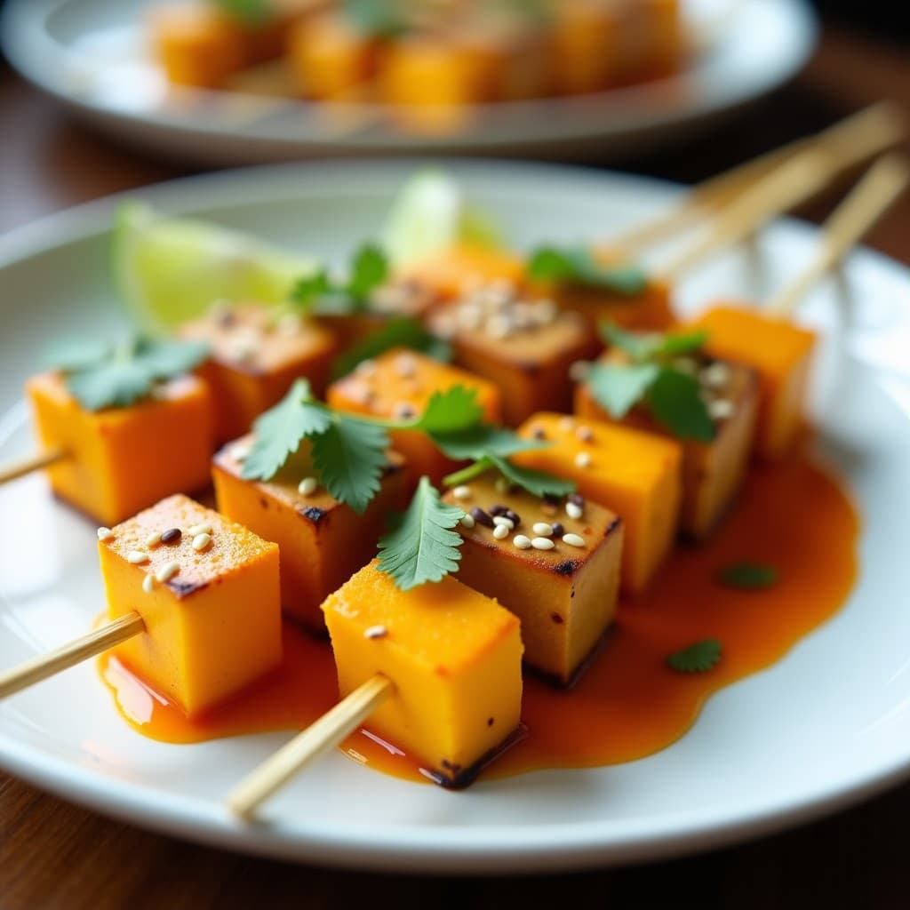 Brochetas crudiveganas de mango maduro y tofu ahumado en palillos de bambú, bañadas en salsa de tamarillo naranja oscura, decoradas con semillas de sésamo y cilantro fresco, servidas en plato blanco con rodajas de lima al fondo.